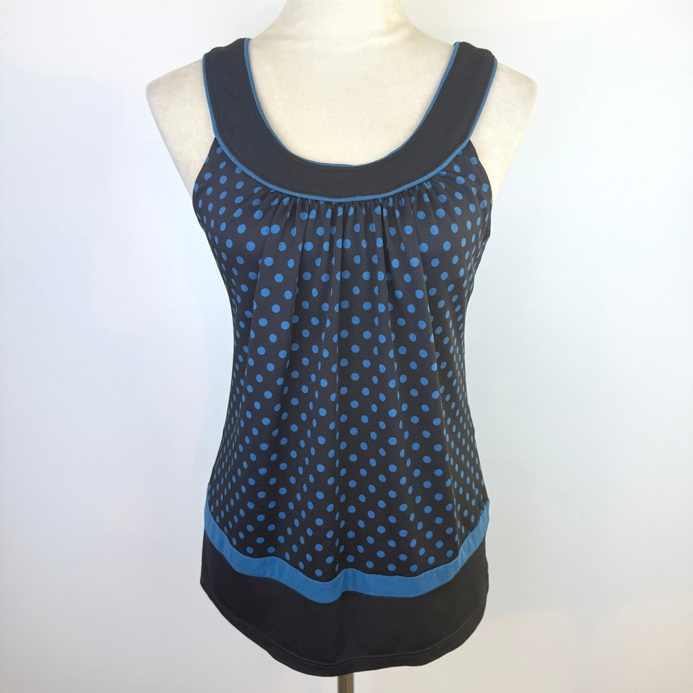 Y2K Polka Dot Rampage Blue Black Pleated Silky Scoop Neck Tank Top Womens Sz Med